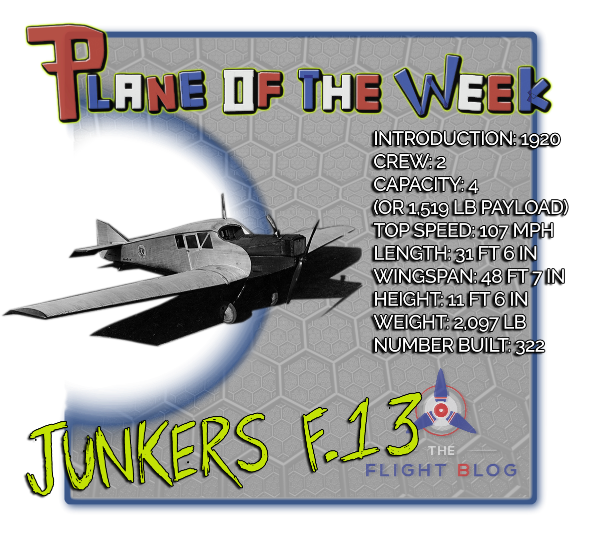 junkers f.13, junkers f13, plane of the week, plane specs, f13 specs 